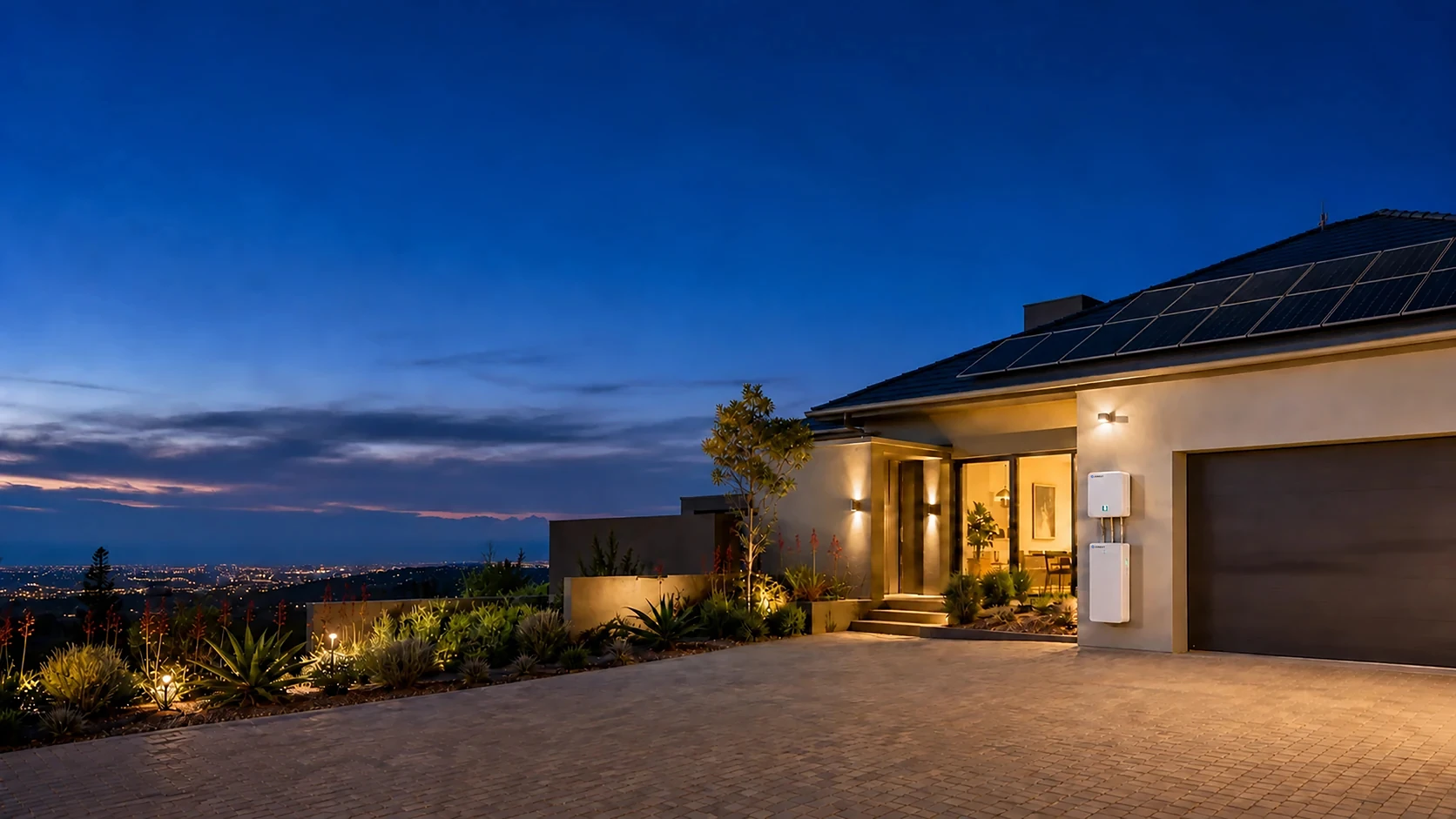 Bright blue-hour home with rooftop solar and JUNEXT-branded inverter and battery storage