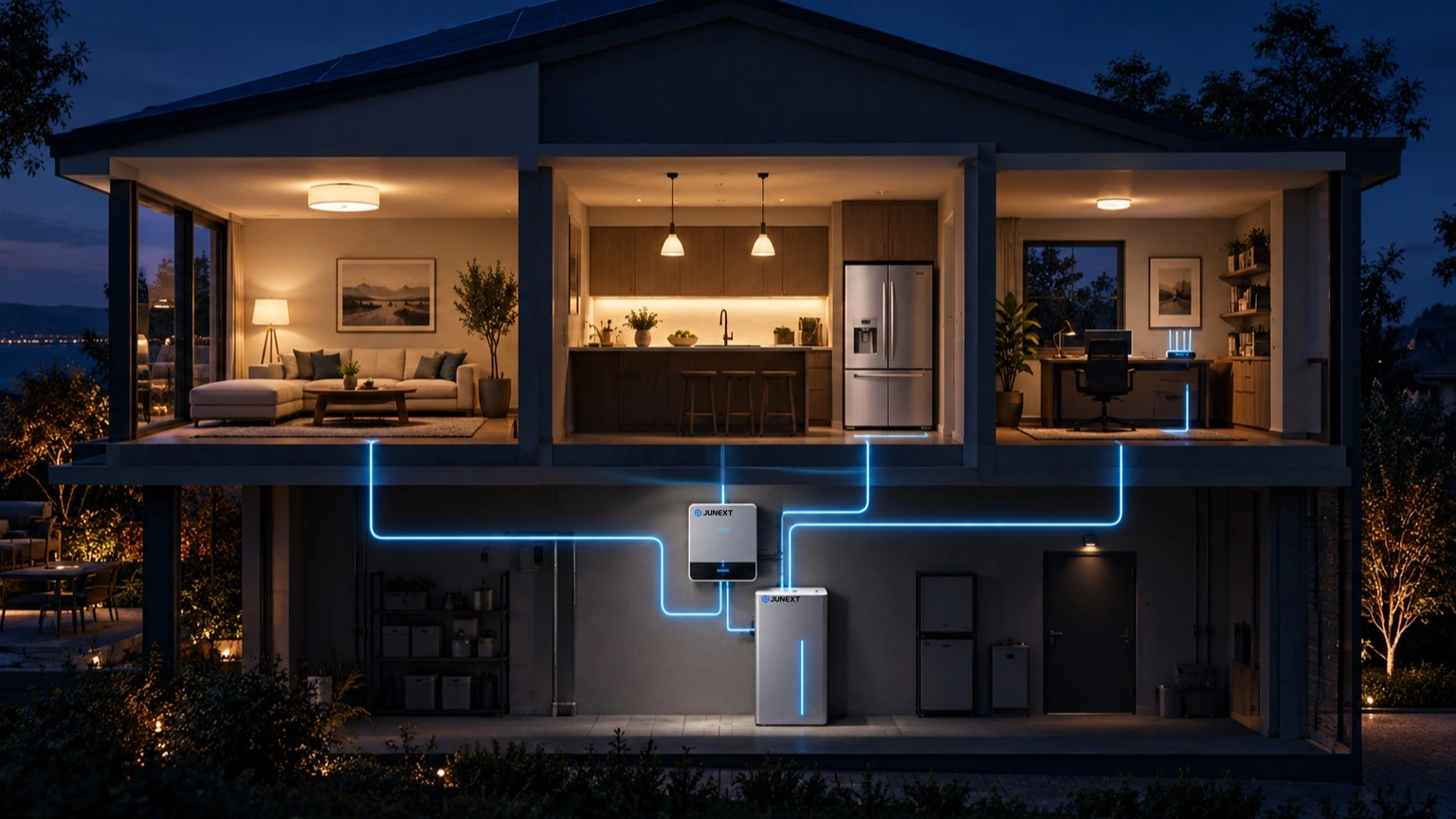 Home battery and inverter with JUNEXT branding, keeping lighting, refrigeration and internet equipment powered