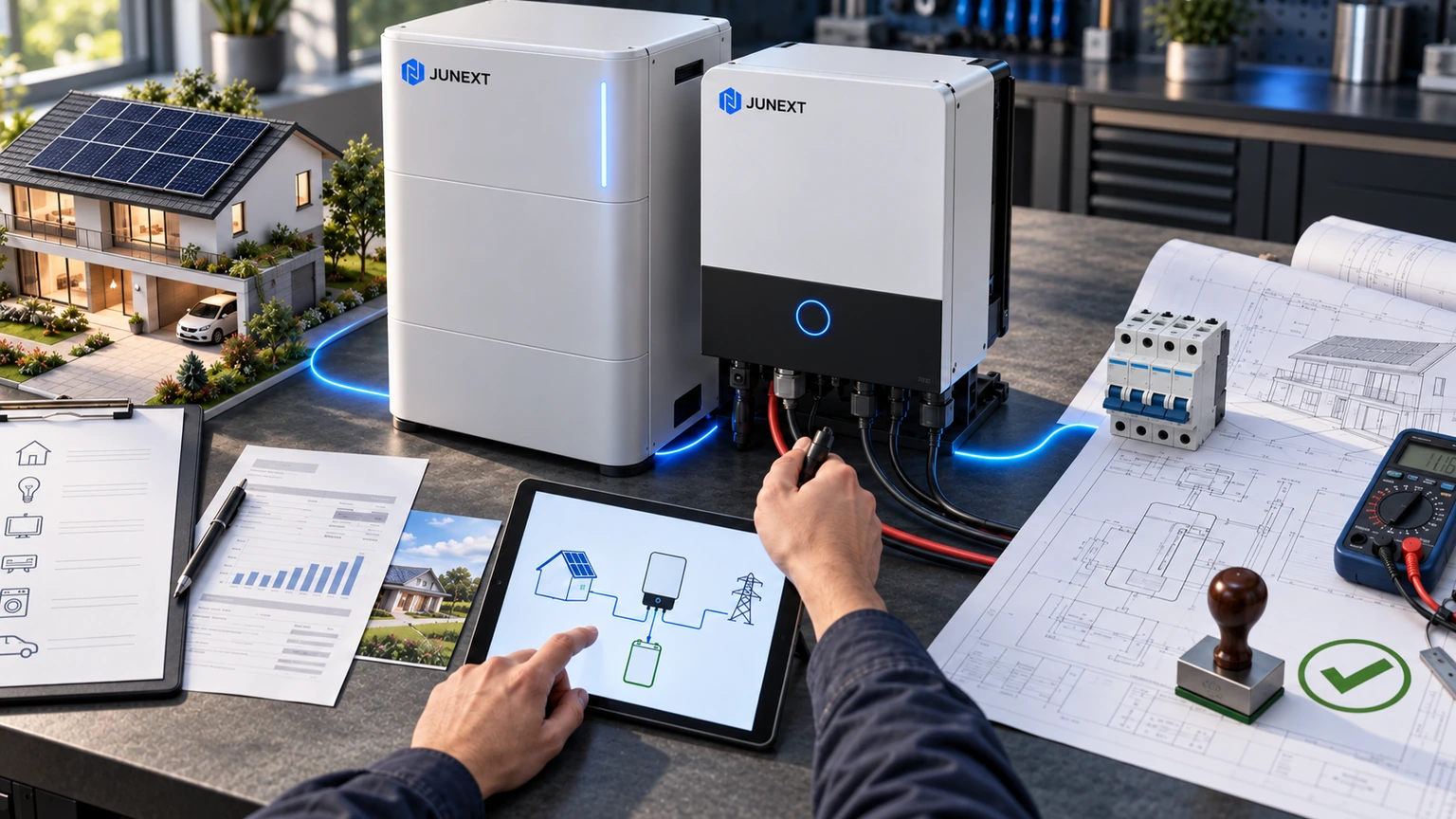 JUNEXT-branded battery and inverter on a residential solar project review desk