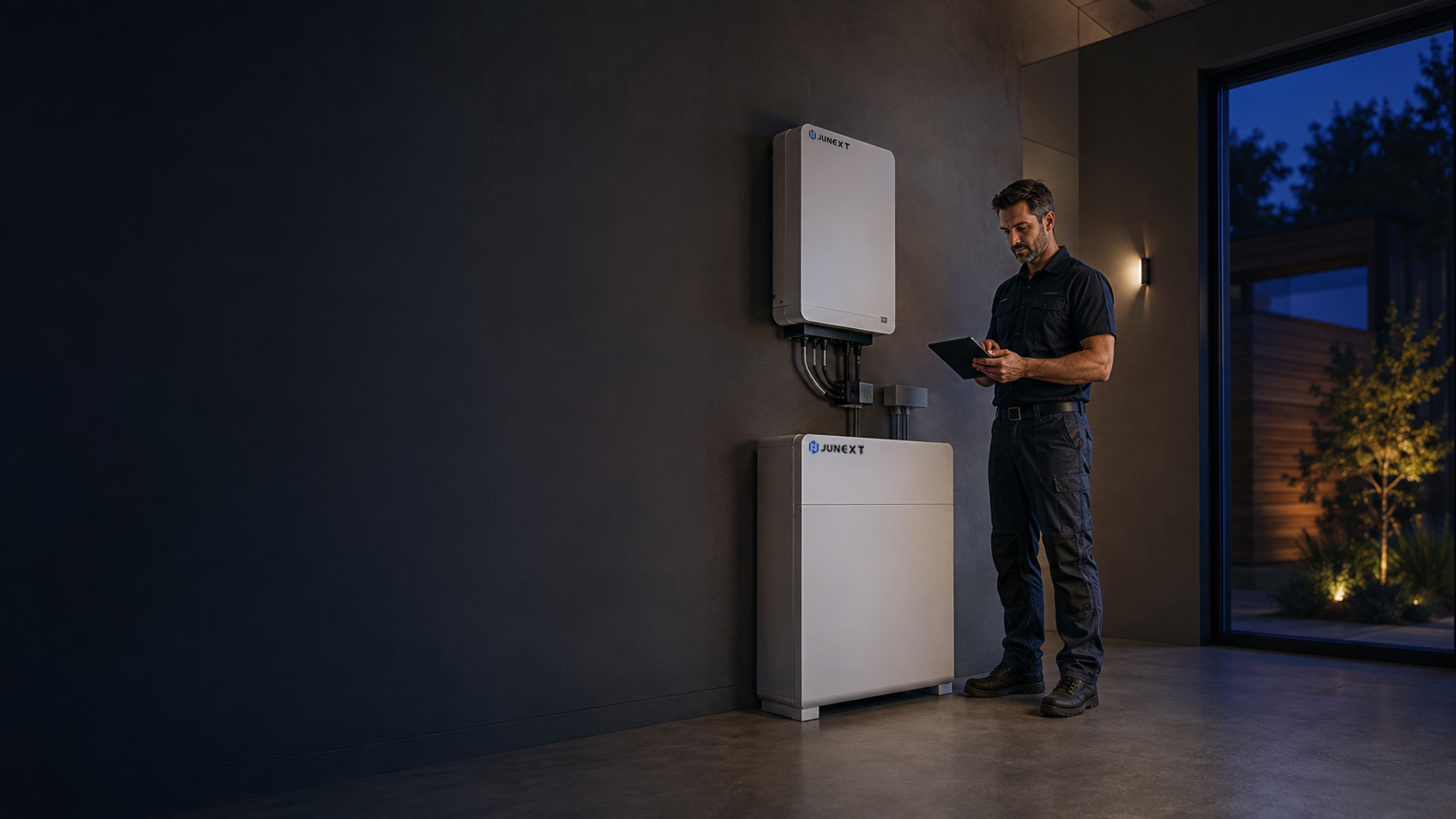 Illustrative residential energy technician reviewing a JUNEXT-branded home battery and inverter installation